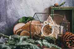 圣诞节作文坚果加兰明星木装饰乡村木盒子冷杉树分支乡村风格