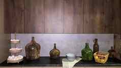 大玻璃花瓶篮子苹果盘子室内现代厨房结合木混凝土设计现代风格餐厅厨房