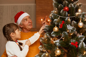 祖父（外）孙女装修圣诞节树家庭穿休闲风格服装美丽的但树庆祝一年夏娃