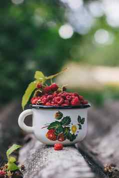 杯新鲜的树莓概念健康的营养乡村背景关闭