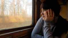 年轻的漂亮的女人旅行经典火车坐着窗口古董过滤器女孩旅游窗口移动火车享受旅行自然美丽的风景