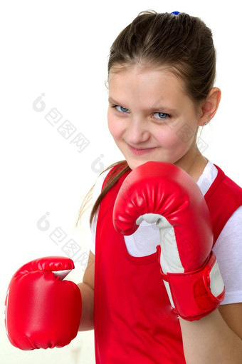 体育<strong>拳击</strong>手十几岁的<strong>女孩</strong>工作室白色背景