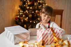 迷人的孩子包圣诞节礼物节日房间盒子穿休闲服装黑暗头发辫子礼物一年树