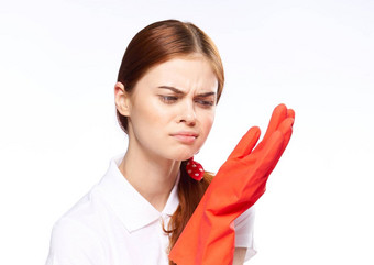 快乐的女人红色的橡胶手套手势手清洁<strong>做家务</strong>