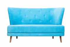 前面视图现代蓝色的织物沙发孤立的白色背景