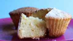 凝乳蛋糕撒巧克力糖衣糖粉红色的板蓝色的背景甜点小蛋糕白色烤饼干艾里纹理食物概念
