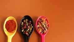 香料塑料勺子棕色（的）背景复制空间混合物辣椒红色的烟熏红辣椒调味料十二个蔬菜