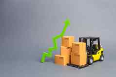 黄色的叉车卡车纸板盒子绿色箭头增长率生产货物产品提高经济指标增加消费者需求出口进口销售上升