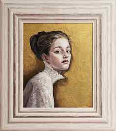 框架石油绘画肖像女孩黄金背景