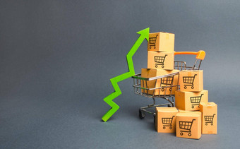 购物车纸板盒子模式交易车绿色箭头增加速度销售生产货物改善消费者情绪策略增加收入