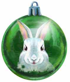 水彩绿色圣诞节球白色兔子孤立的白色背景