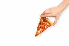 片意大利辣香肠披萨手孤立的白色前视图paperoni披萨概念意大利食物街食物快食物快速咬横幅复制空间