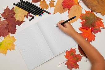 孩子们的手写笔记本白色背景<strong>秋天</strong>叶子回来学校