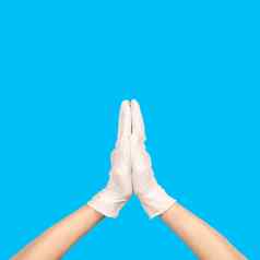 手白色乳胶手套孤立的白色女人的手手势标志孤立的白色