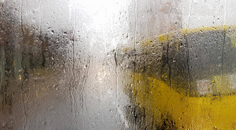 雨后窗口车秋天内部视图路移动汽车城市窗口车雨滴开车车场视图后窗口