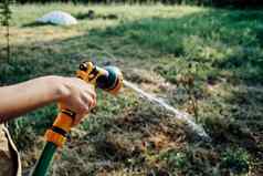 女人浇水植物花园自然日益增长的