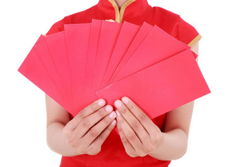 手持有红色的信封概念快乐中国人一年孤立的白色背景