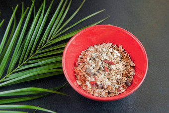 燕麦片坚<strong>果干水</strong>果红色的碗黑色的表格绿色棕榈叶完美的粮食早餐有机食物