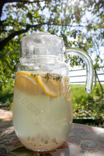自制的柠檬水使柠檬大玻璃壶表格花园壶柠檬薄荷站街背景绿色植物热夏天一天