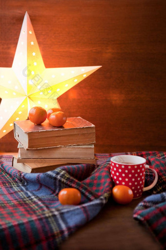 红色的虚线杯子茶杯热巧克力苏格兰毯子舒适的首页概念书杯节日热巧克力传统的自制的圣诞节可可普通话橙色柑橘类