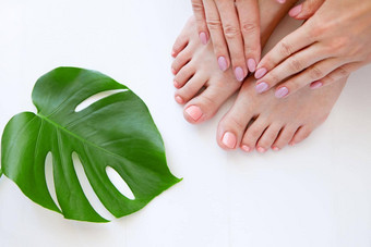 健康的腿水疗中心护肤品女人腿手孤立的白色生态修指甲自然美容概念