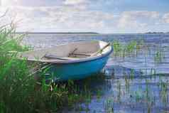蓝色的钓鱼船海海藻草夏天时间阳光明媚的天气钓鱼船耀斑光