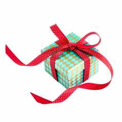 蓝色的礼物盒子装饰红色的丝带孤立的白色背景