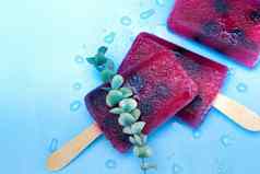 自制的树莓蓝莓冰奶油前视图蓝色的背景夏天通过松开食物概念现代设计复制空间色彩斑斓的