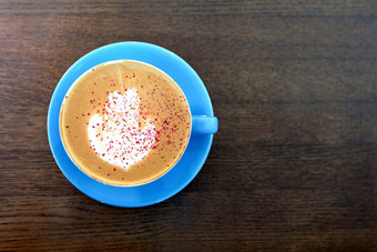 大咖啡杯<strong>牛奶</strong>木表格卡布奇诺咖啡拿铁喝杯咖啡棕色（的）表格平躺视图杯咖啡馆<strong>牛奶牛奶</strong>绘画热咖啡蓝色的杯子