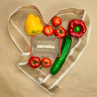 新鲜的有机蔬菜词健康购物篮子包围丝带心棕色（的）工艺纸前视图健康素食主义者vegetarion概念