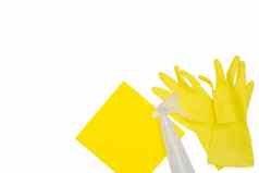 橡胶黄色的手套黄色的超细纤维布孤立的白色背景清洁概念复制空间