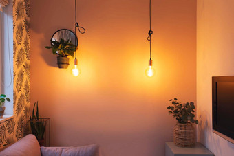 舒适的复古的生活房间现代室内色彩斑斓的家具挂光灯泡现代风格装饰特写镜头