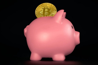 金比特币小猪银行cryptocurrency投资概念虚拟钱cryptocurrency储蓄小猪银行金融银行概念黑色的背景