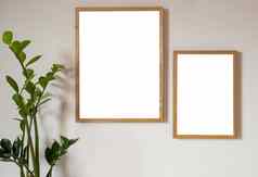 室内设计生活房间棕色（的）模拟照片框架现代墙空白帆布美丽的植物优雅的个人配件复制空间时尚的装饰