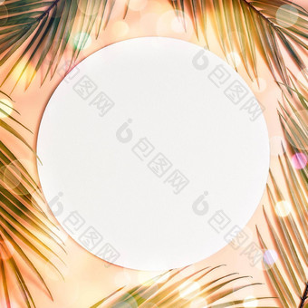 平躺最小的夏天概念棕榈树叶有创意的Copyspace纸框架有创意的布局使色彩斑斓的热带叶子白色背景