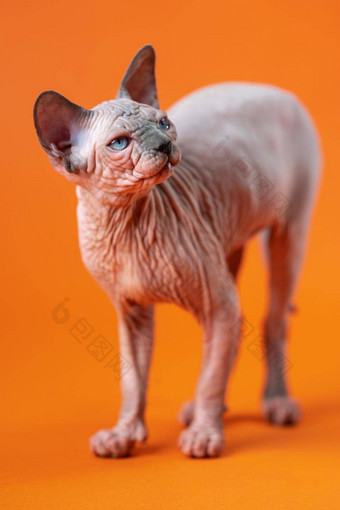 加拿大sphynx猫蓝色的貂白色颜色站全身的橙色背景