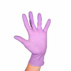 波手势乳胶外科手术戴着手套标志白色背景手紫色的乳胶手套孤立的白色女人的手手势标志孤立的白色