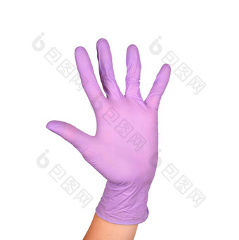 波<strong>手势</strong>乳胶外科手术戴着手套<strong>标志</strong>白色背景手紫色的乳胶手套孤立的白色女人的手<strong>手势标志</strong>孤立的白色