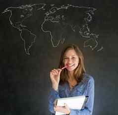女商人老师学生世界地理位置地图粉笔背景