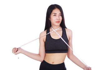 健身女人磁带测量脖子孤立的白色背景