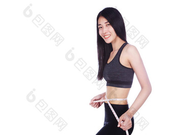 女人测量腰磁带孤立的白色背景