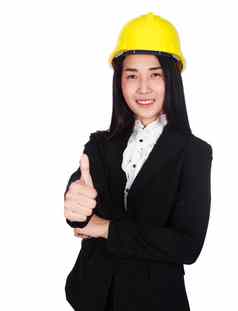 快乐业务女人工程师拇指手势孤立的白色背景