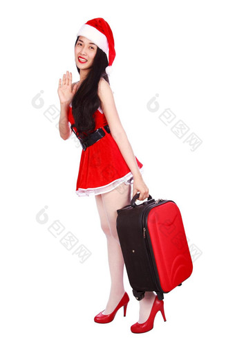 快乐女人圣诞老人老人衣服手提箱孤立的白色背景