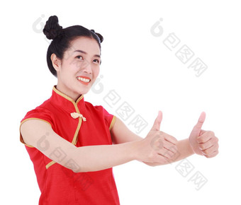 女人穿红色的<strong>旗袍</strong>拇指概念快乐中国人一年