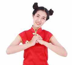 女人穿红色的旗袍手势祝贺概念快乐中国人一年