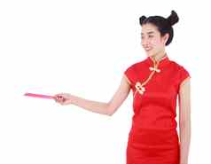 女人穿旗袍旗袍给红色的信封概念快乐中国人一年孤立的白色背景