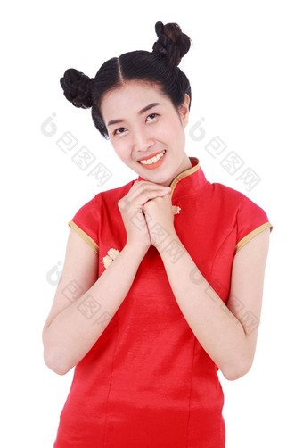 女人穿红色<strong>的旗袍</strong>概念快乐中国人一年孤立<strong>的</strong>白色背景