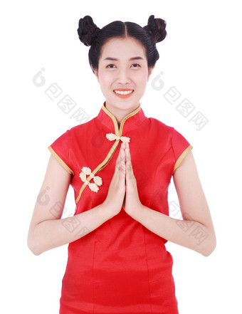 女人穿红色的旗袍支付<strong>尊</strong>重概念快乐<strong>中国</strong>人一年孤立的白色背景