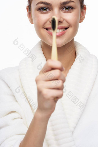 快乐的女人白色外套牙刷牙科<strong>健康卫生</strong>