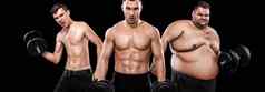 瘦型体质者体育型体质的人胖型体质结果体育运动概念集团年轻的体育但健身模型持有哑铃黑色的背景脂肪适合运动但